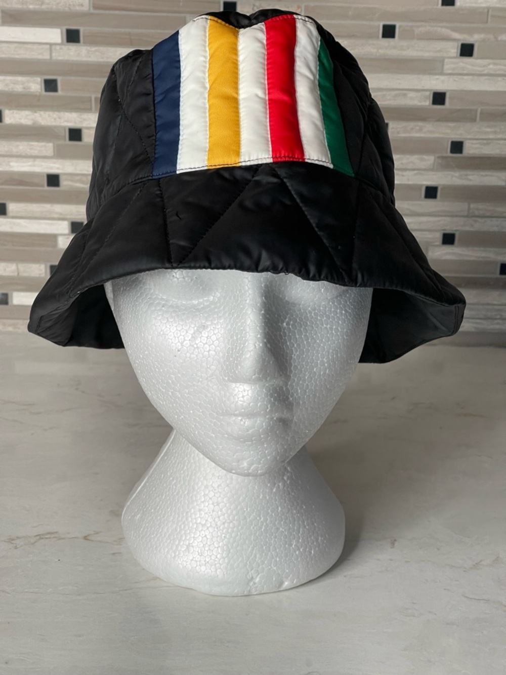 Hudson's Bay Co. Black Quilted Puffer Bucket Hat with Iconic HBC Stripes, O/S